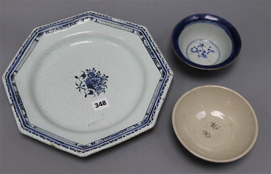 A Delft octagonal dish and two Oriental blue and white bowls
